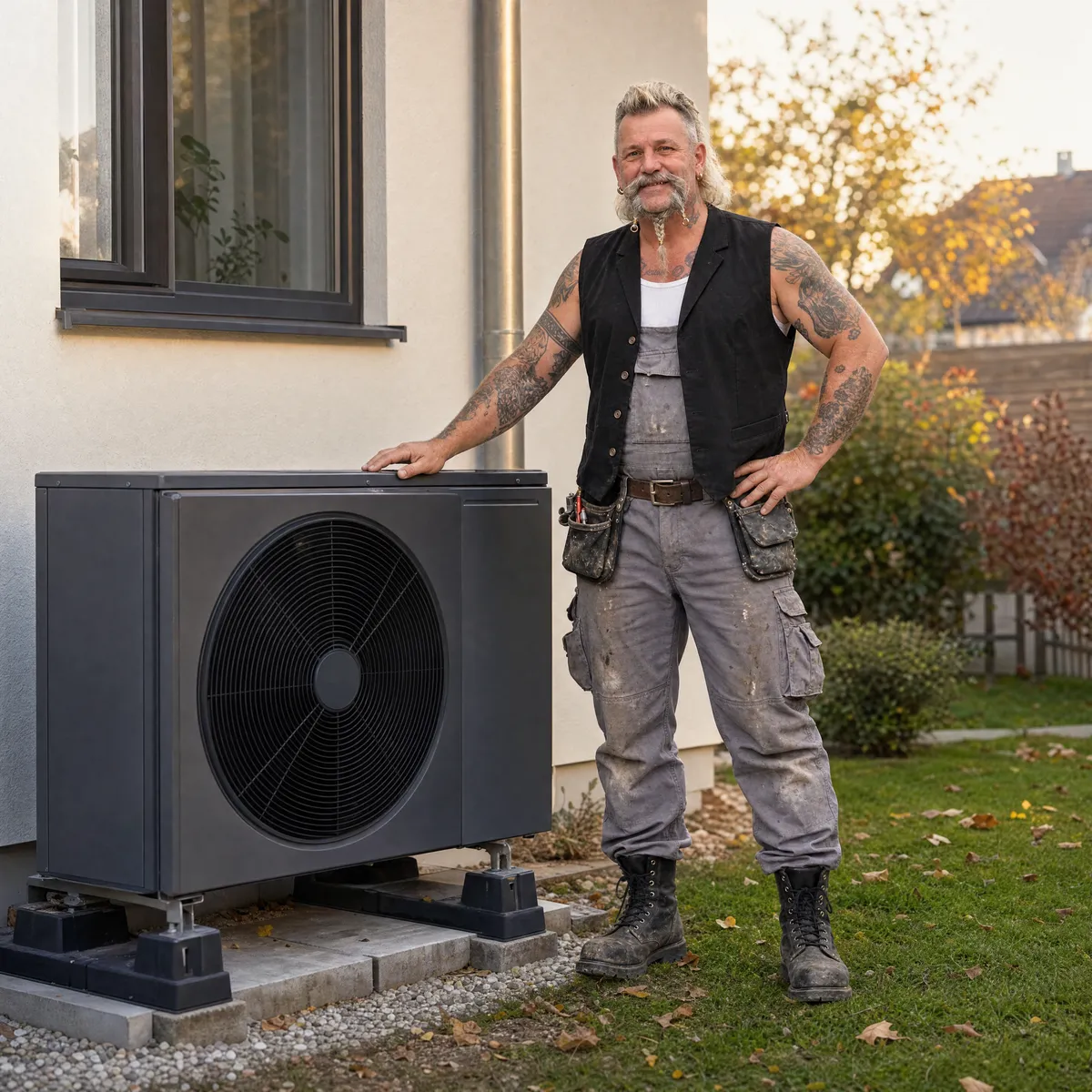 Bernd neben einer neuen Wärmepumpe