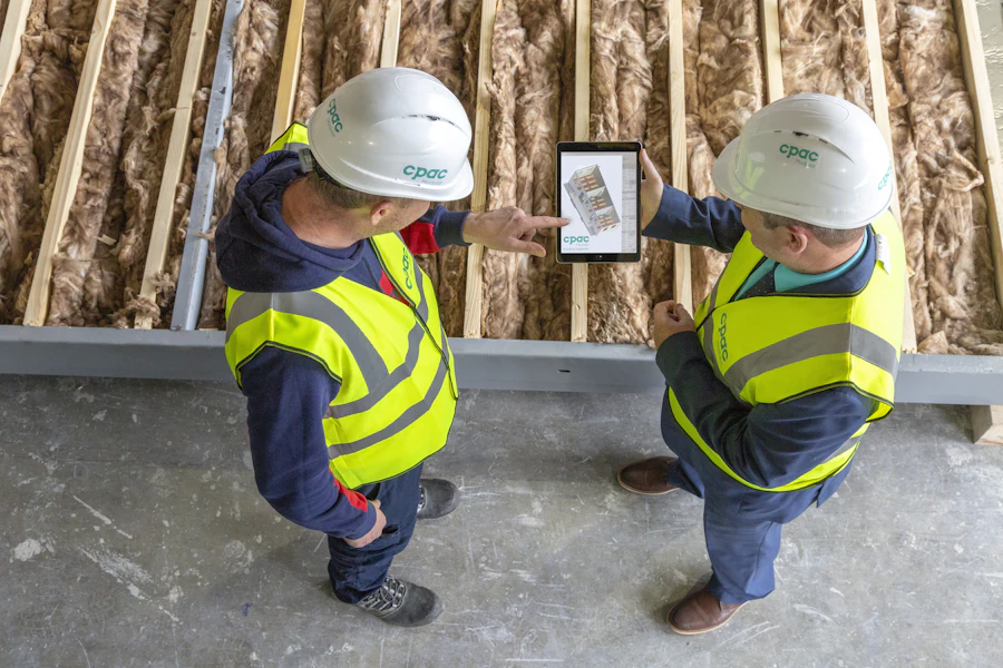 Zwei Handwerker über Plänen